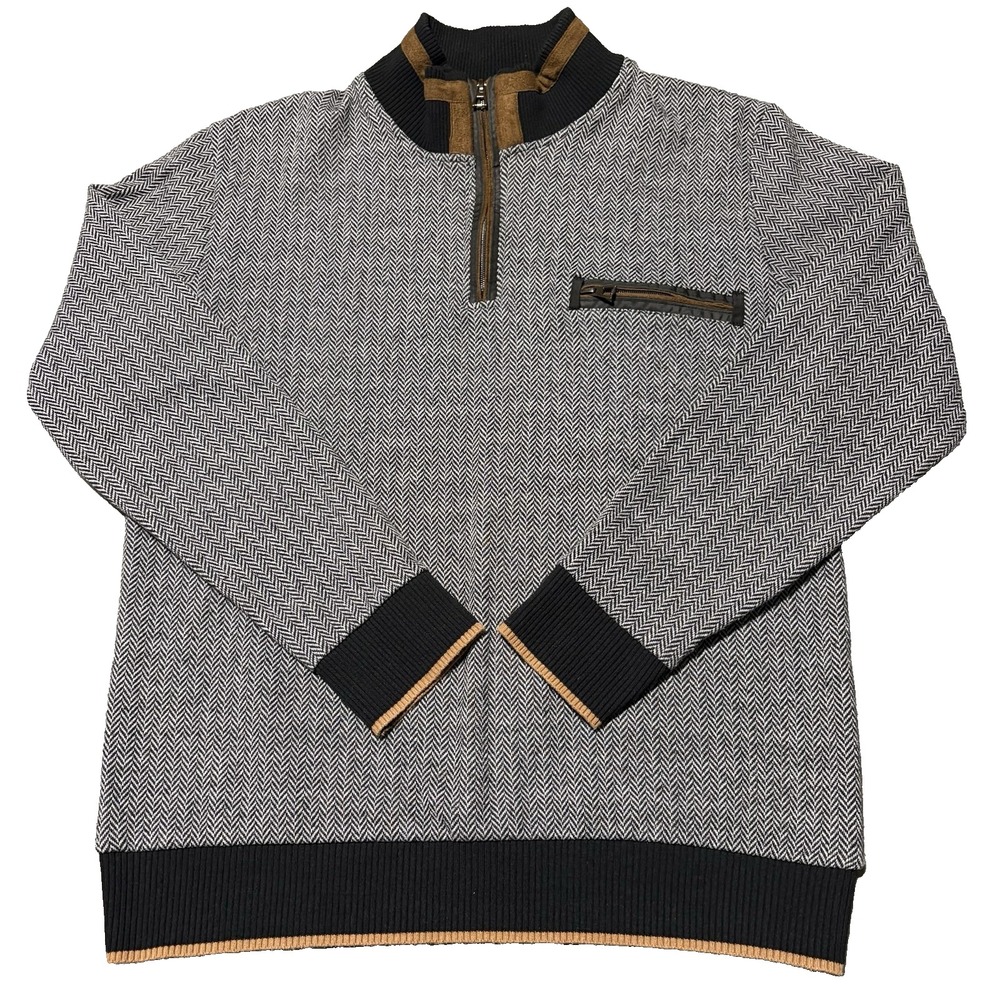 Dewberry Pullover Sweater Mens XL Grey Herringbone Quarter Zip Faux Suede Trim